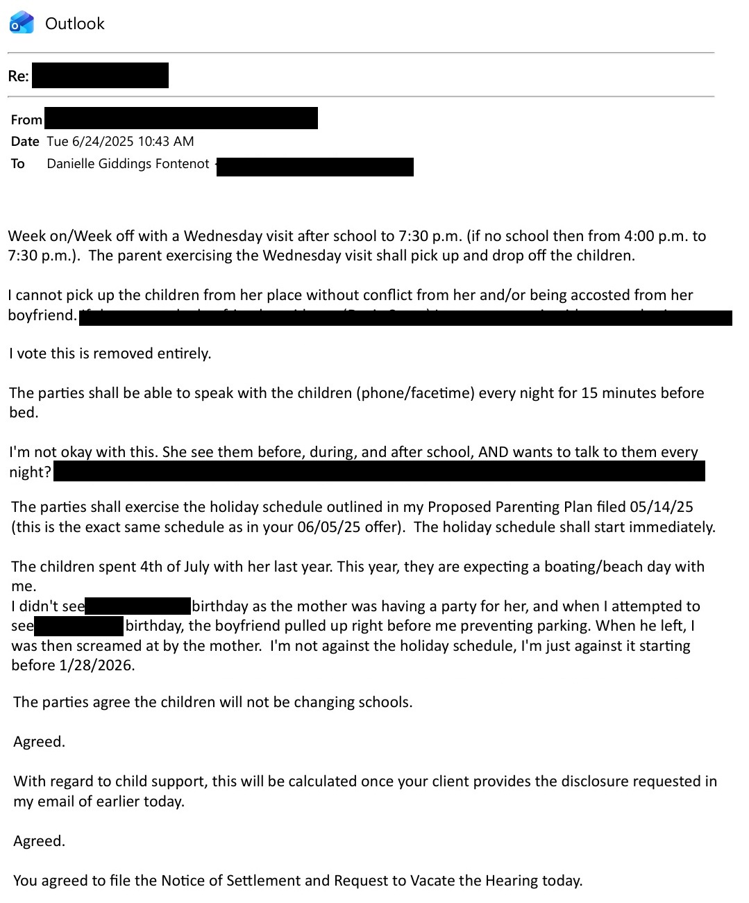 June 24 2025 email containing Father's objections to the proposed parenting agreement