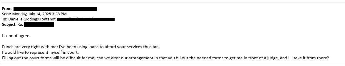 July 14 2025 email where Father states he cannot agree