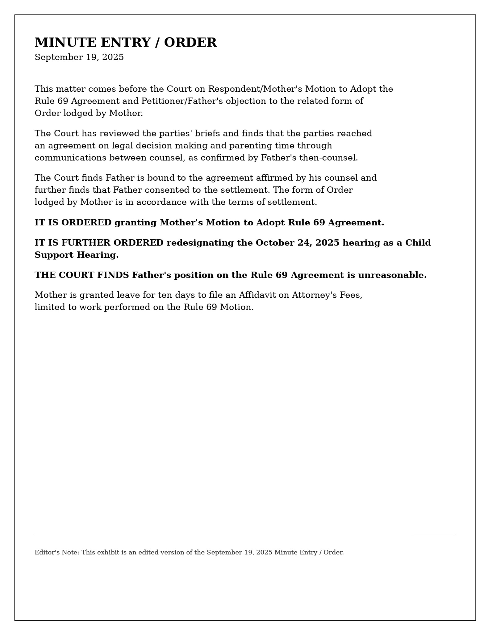 September 19 2025 court order adopting the Rule 69 agreement